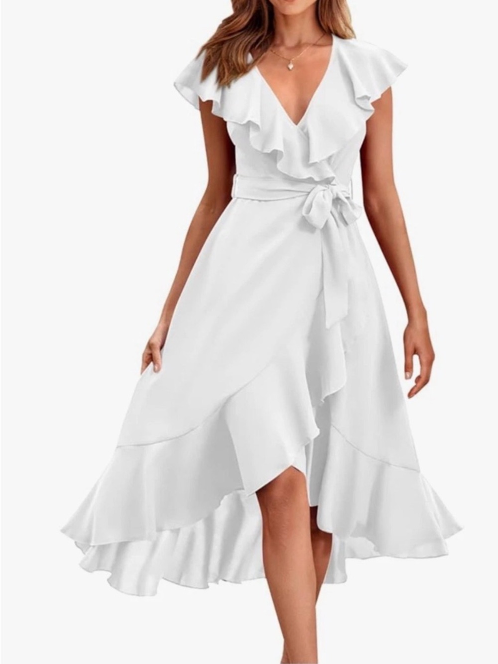 Amazon White Ruffle Bridal Wrap Midi Dress